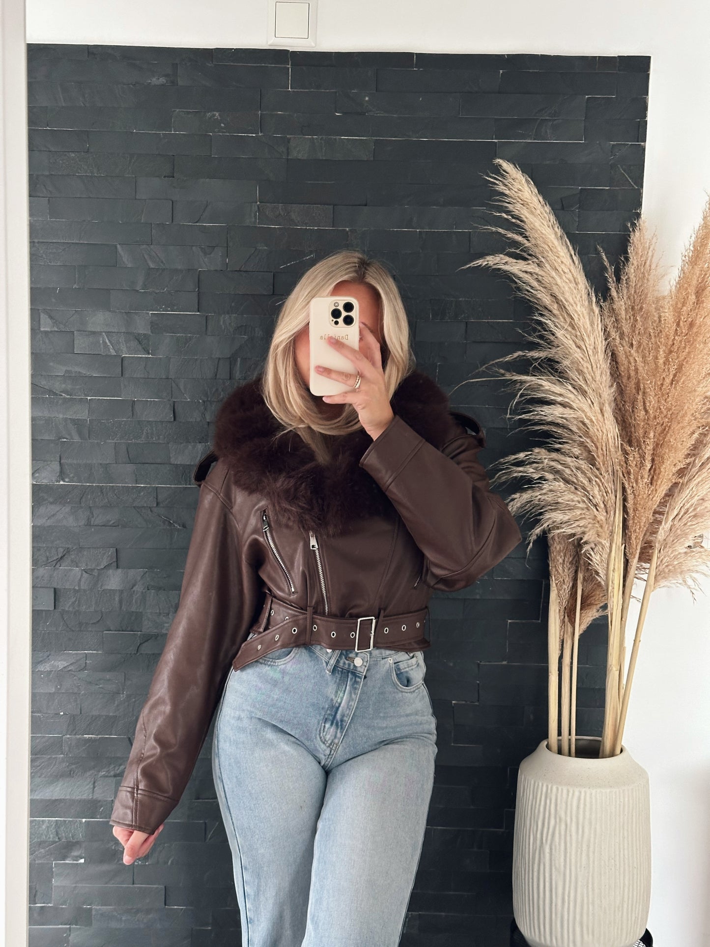 LEDERJACKE CROPPED MIT FELL SCHOKO
