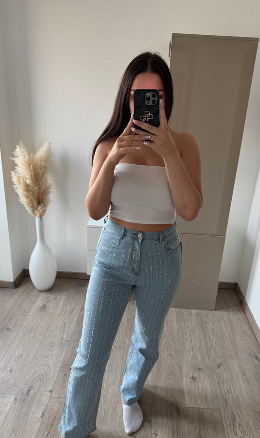 WIDE LEG RHINESTONE JEANS HIGHWAIST LIGHT BLUE