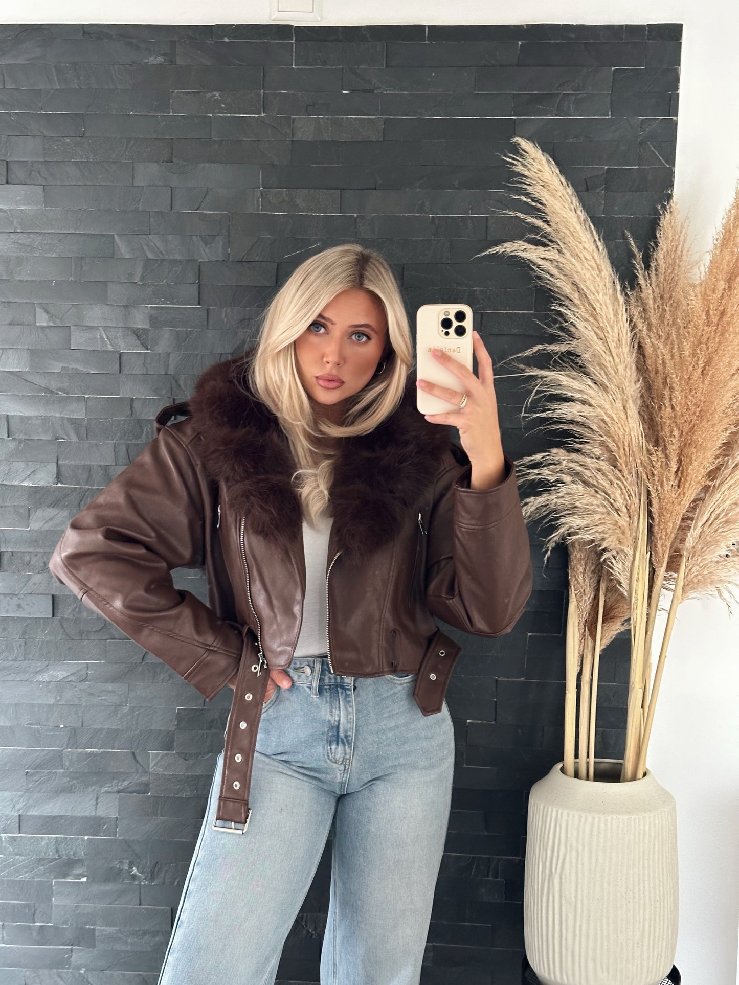 LEDERJACKE CROPPED MIT FELL SCHOKO