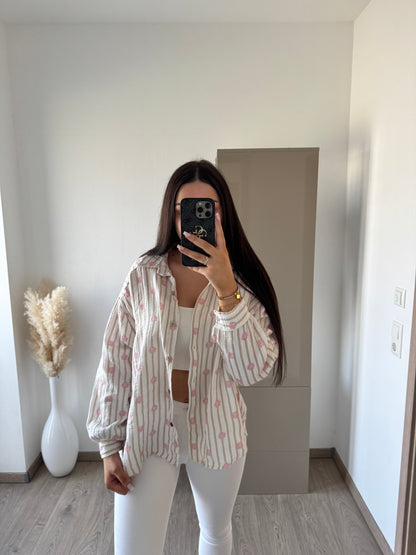 MUSSELIN BLUSE BEIGE/ROSA