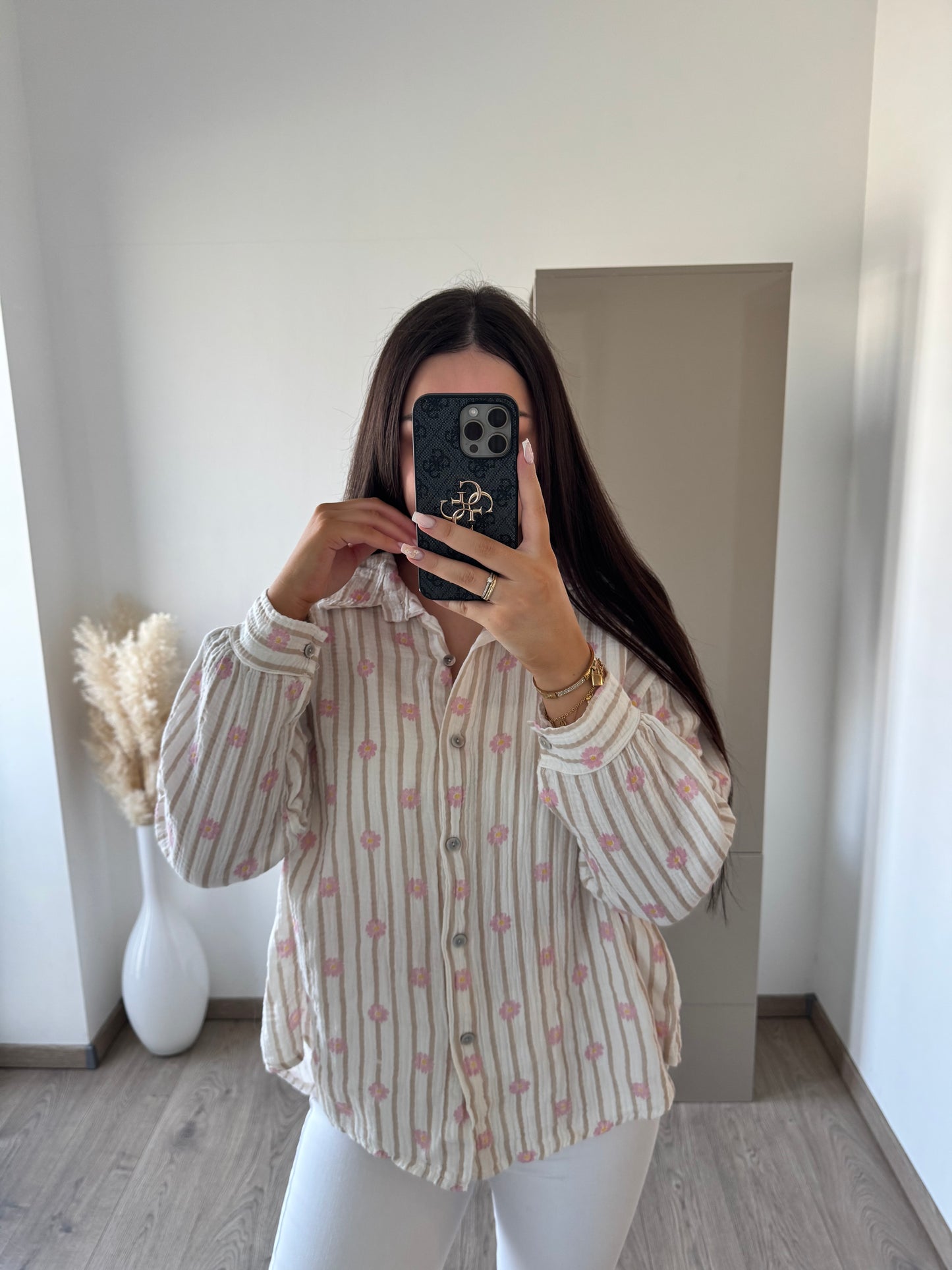 MUSSELIN BLUSE BEIGE/ROSA