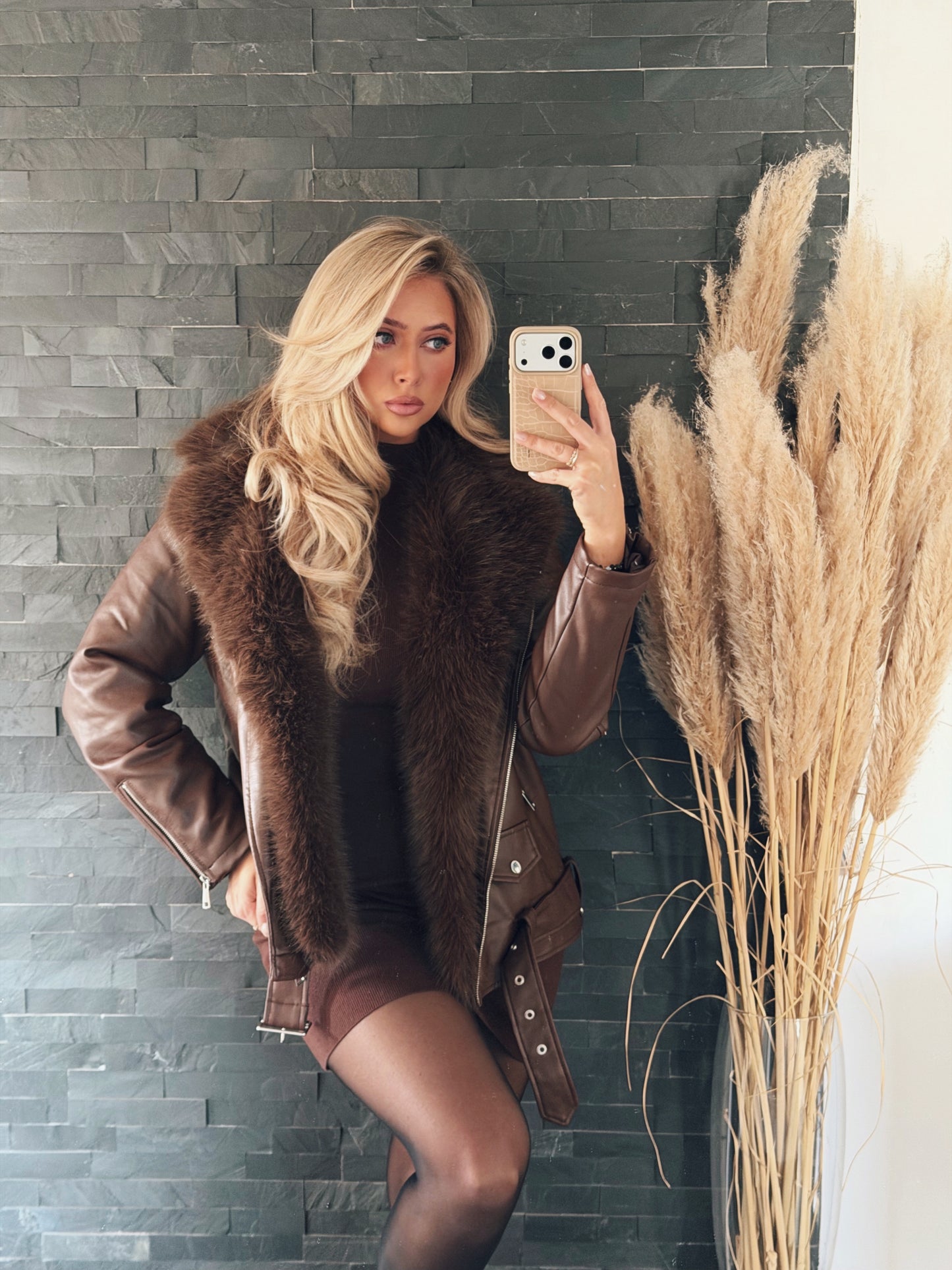 LEDERJACKE FAUX FUR CHOCOLATE