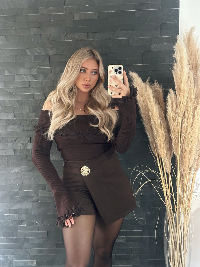 STRICKPULLOVER LACE LOVE OFFSHOULDER - SCHOKO